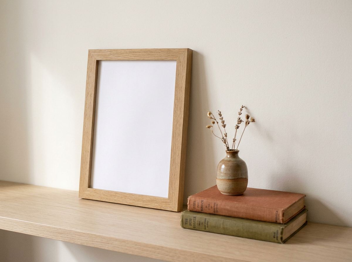 A framed print leaning on an oak shelf